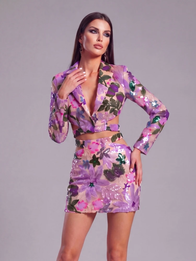 Sexy Embroidery Floral Sequins Women's Two Piece Set Long Sleeves Short Blazer Top + Cut-out Mini Skirt Suits Evening Party Set