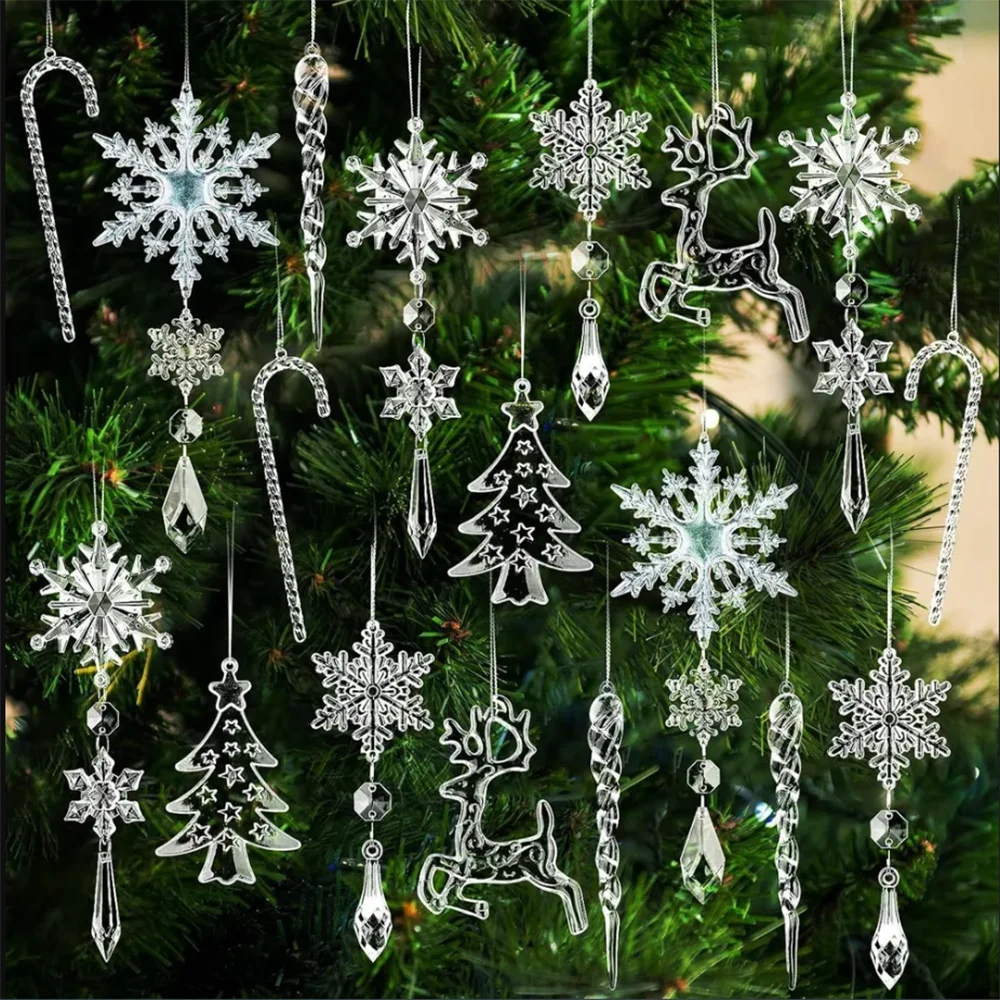 

10/12/18PCs Crystal Christmas Ornaments Hanging Acrylic Christmas Snowflake Icicle Drop Crystal Ornaments Tree Decorations Set