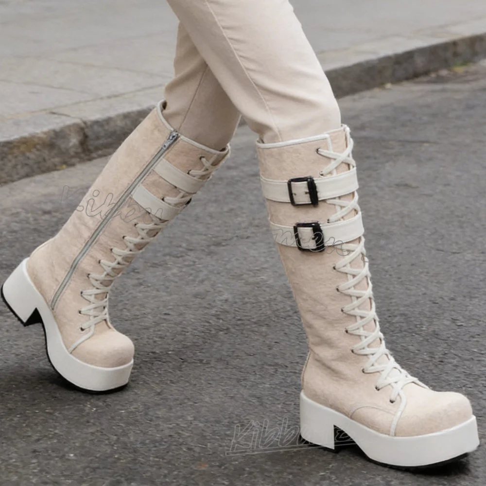 

Женские сапоги до колена на платформе с пряжкой, кожаные, однотонные, с круглым носком, на массивном каблуке, на шнуровке, модные, элегантные, лаконичные