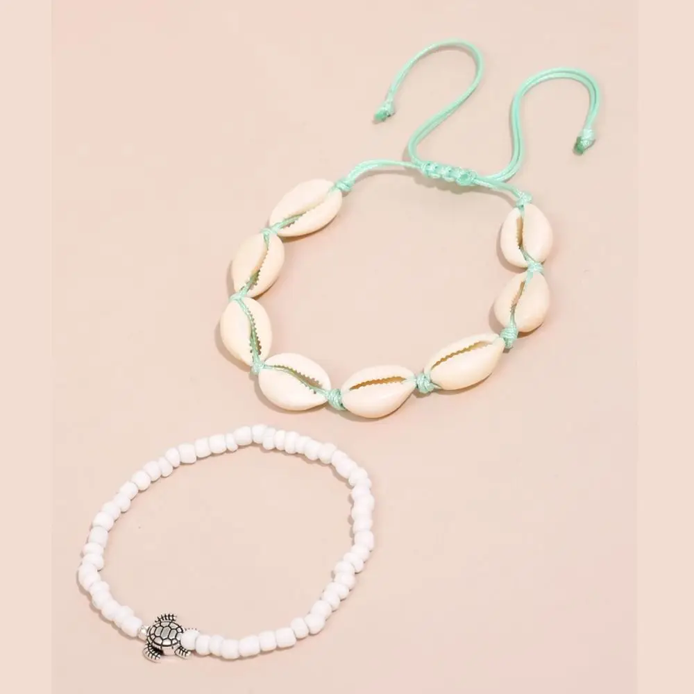 2개 세트 개성있는 조개 모양 쌀알 비즈 발찌 세트, 합금 꼬임 로프 민족풍 빈티지 체인 비치 스타일