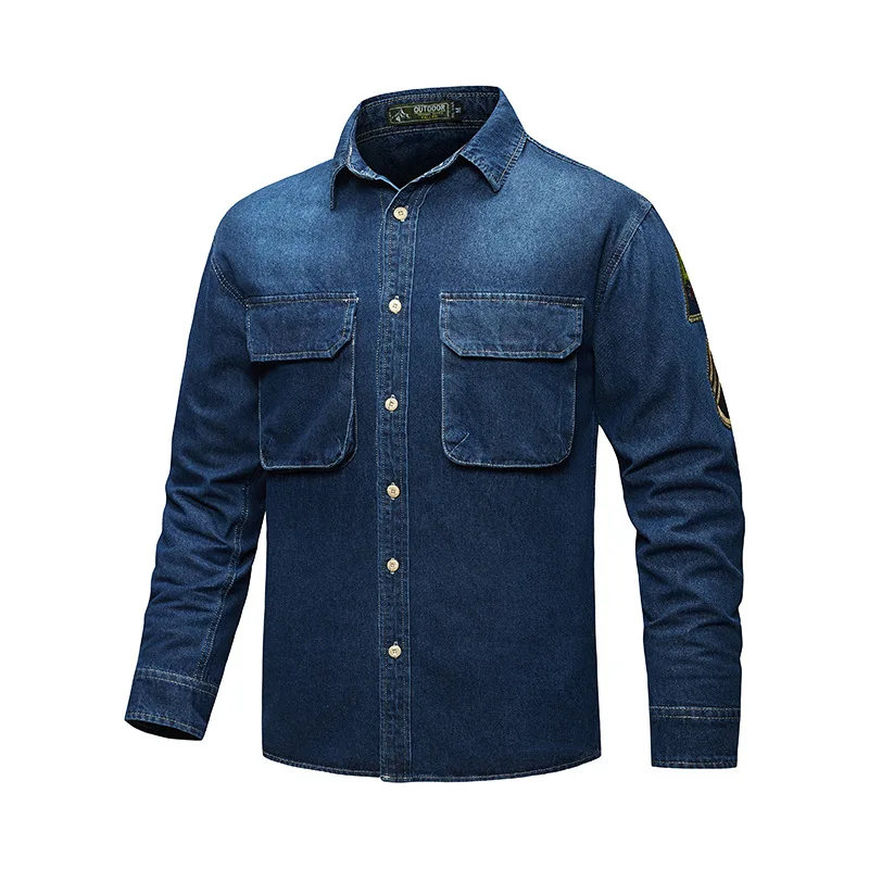 Men\'s Shirts Spring Autumn Fashion Pleated Stitching Denim Shirts Men Casual Washed Motorcycle Jean Shirt Coat Male