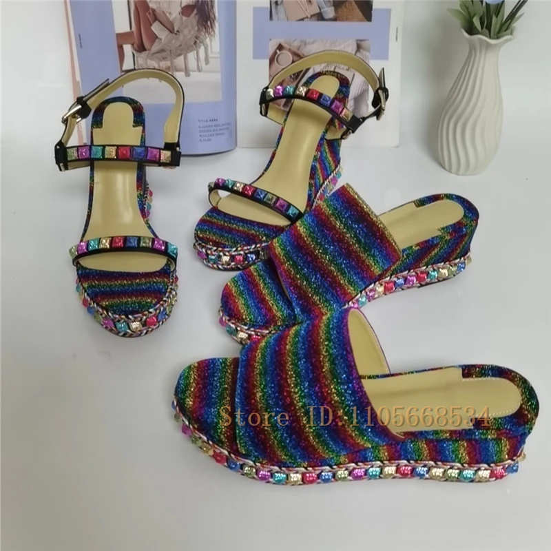 Fashion Ladies Rainbow Stripe Glitter Wedge Heel Sandals Shiny Multicolor Rhinestone Platform Sandals Summer Party Dress Shoes
