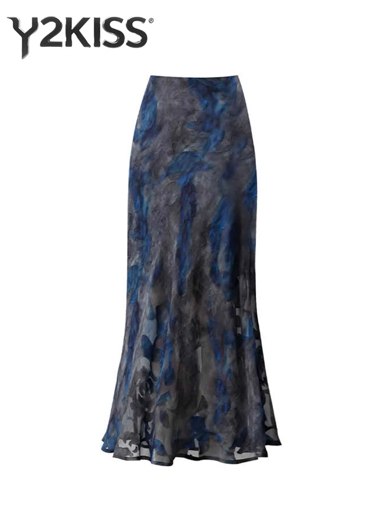 Women's Maxi Mesh Skirt Aesthetic Tie Dye French Vintage Trumpet Mermaid Skirt Split Tulle Skirt Elegant Old Money Design New