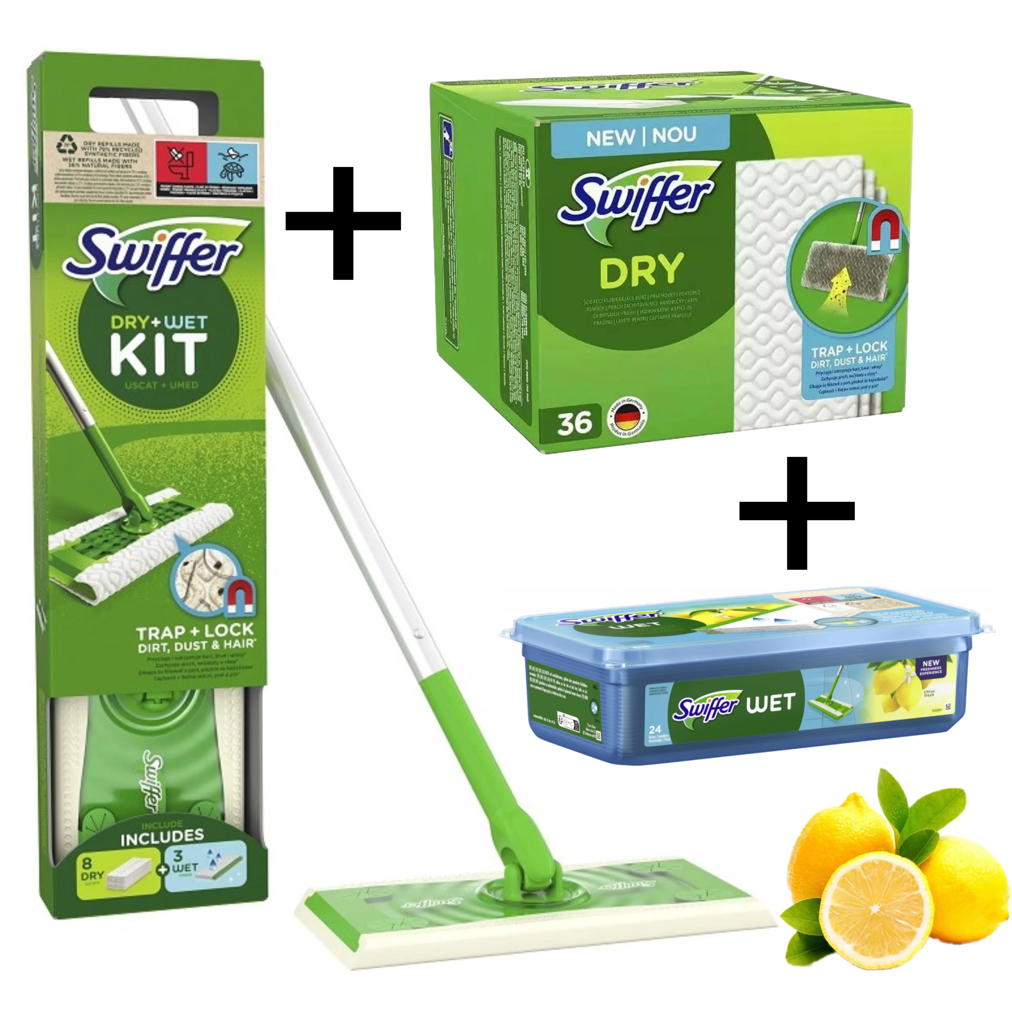 Swiffer Mop Starter Package + MEGA Stock, 36 Dry And 24 Wet Floor Wipes