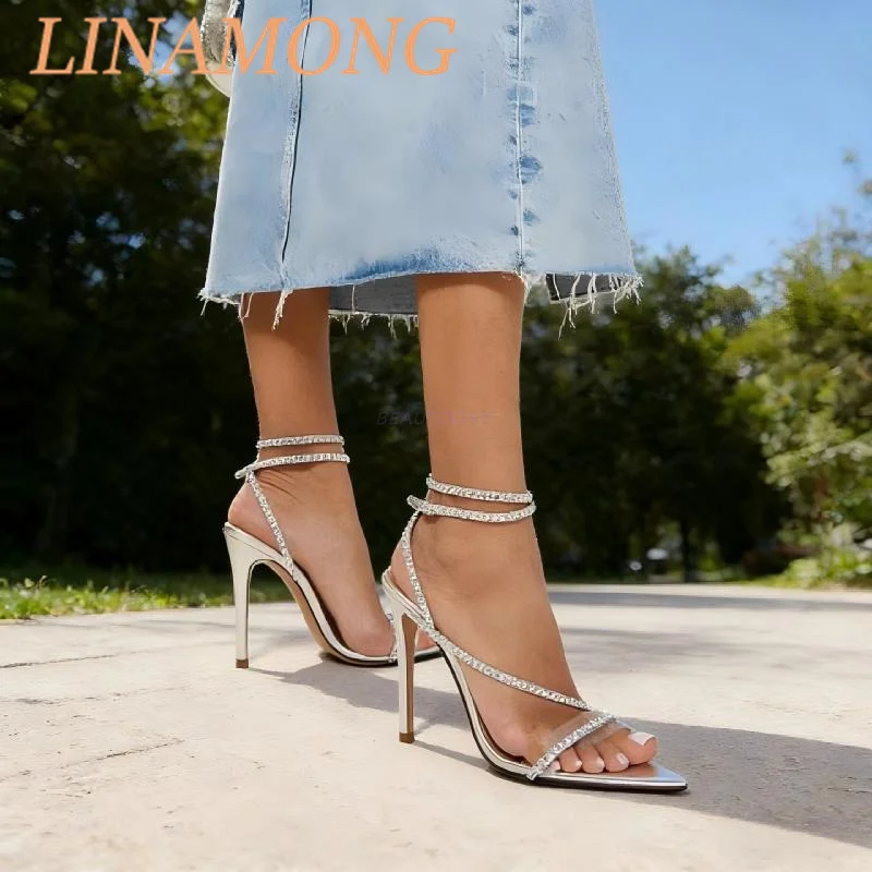 

Sharp Pointed Rhinestone Strap Sandals Fashionable Transparent Flat Strap Ankle Strap Buckle Temperament High-Heeled Sandals