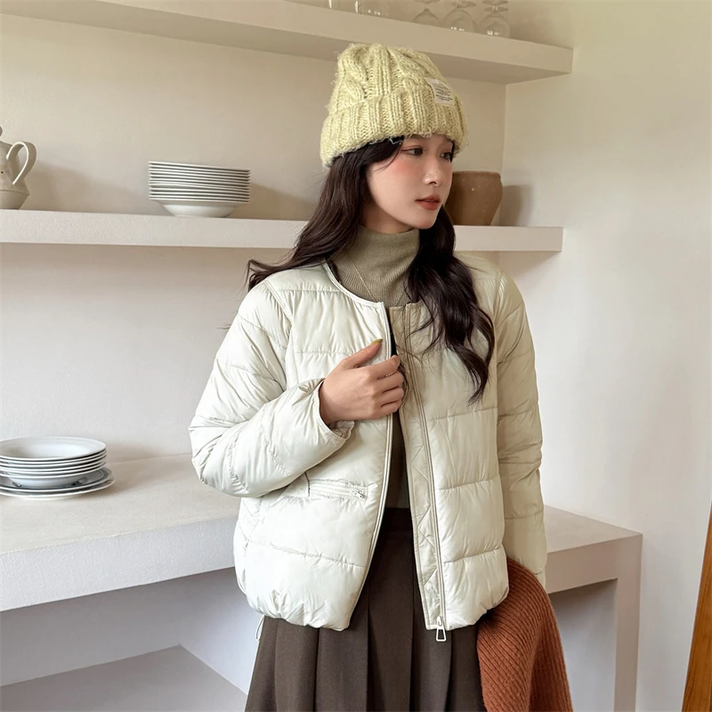 2025 Autumn Winter Loose Women Cotton Jacket Round Neck Korean Edition Warm College Fashion Lightweight Short Down Cotton Jacket