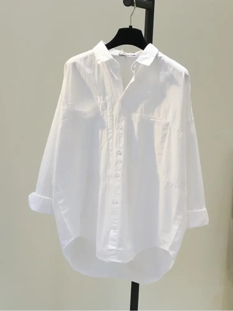 2024 Autumn Korean Edition Loose Double Pocket Mid length White Shirt Women's Design Sense BF Style Casual Shirt Trend