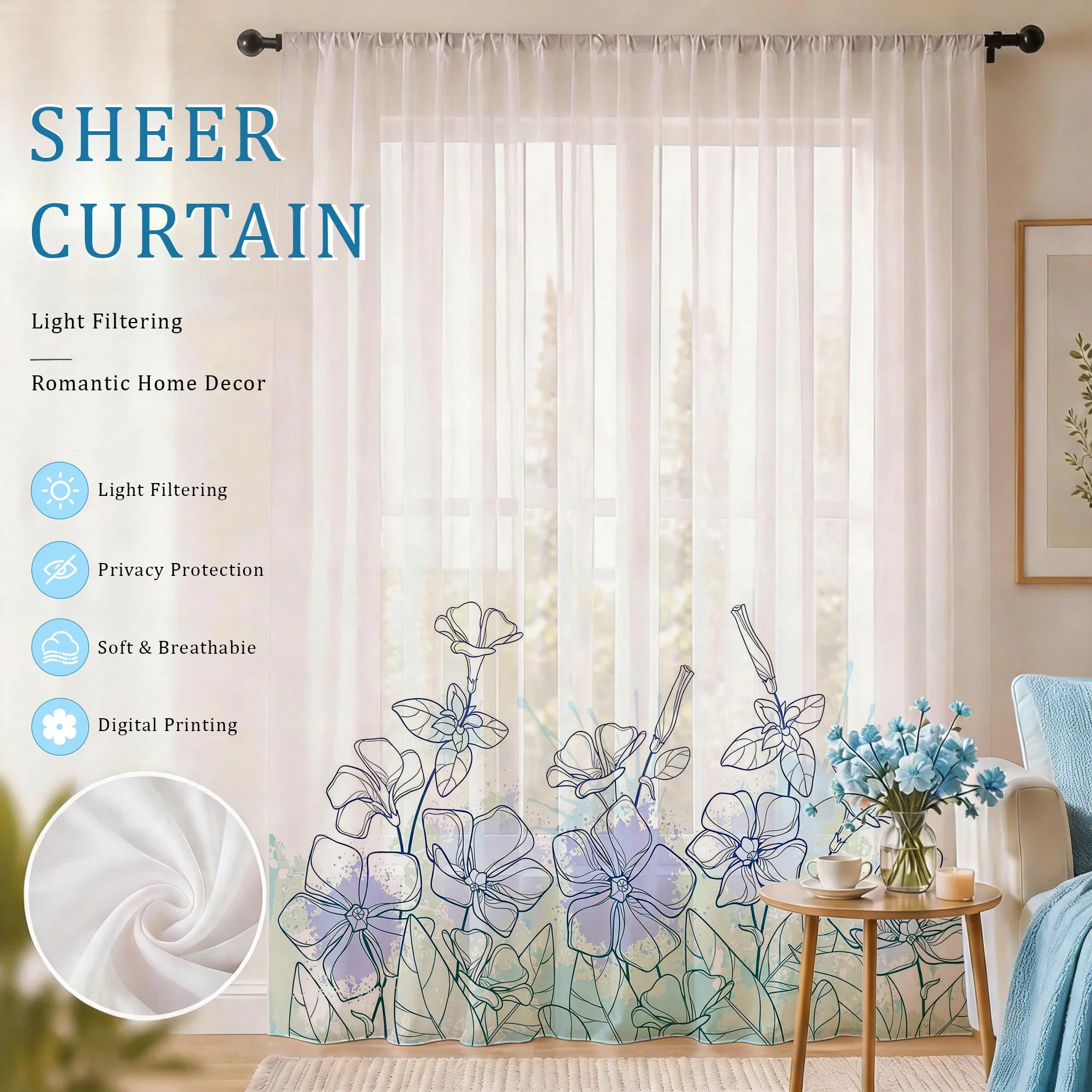Modern Light blue Gradient Sheer Curtain, Good Quality Light Reducing Luxurious Privacy Voile for Living/Bedroom/Kids Room, Gift
