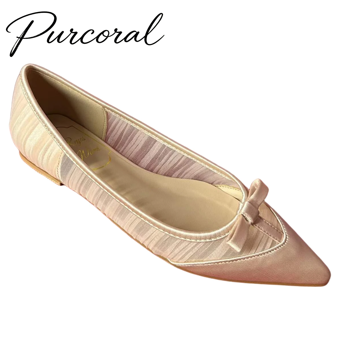 

Purcoral 2026 New Silk Mesh Flat Sole Single Shoes for Women Bow Tie Thin Heels Shallow Mouth Pointed High Heels