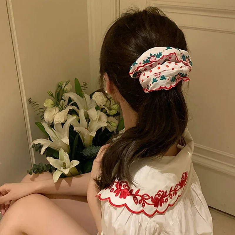 Women Beautiful Embroidered Large Scrunchies Elastic Hair Bands Hair Ties Sweet Hair Accessories Ponytail Holder Head Rope - view 5