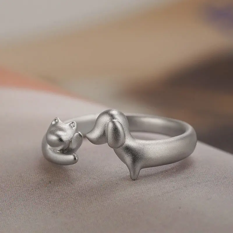 Cat and Dog Integrated Ring Frosted Texture and Fashionable Jewelry Sausage Dog and Paw Raising Love To Act Coquettish Cat Ring