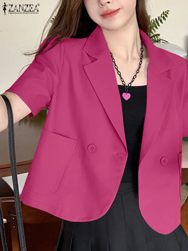 Elegant Women Blazer ZANZEA Summer Lapel Neck Short Sleeve Cropped Tops Woman Solid OL Work Blazer Suits Autumn Fashion Shirt