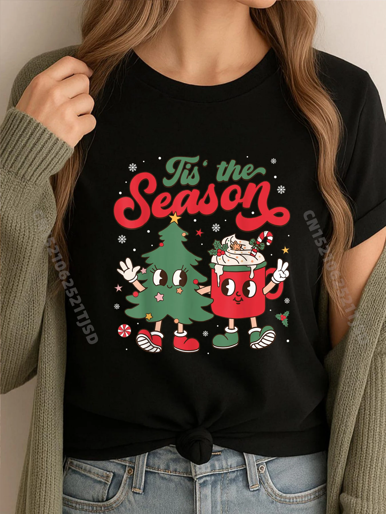 

Ретро Рождественский Тис Сезон Рождественская елка Кофе Латте Черные футболки с рисунком Мужская одежда День памяти