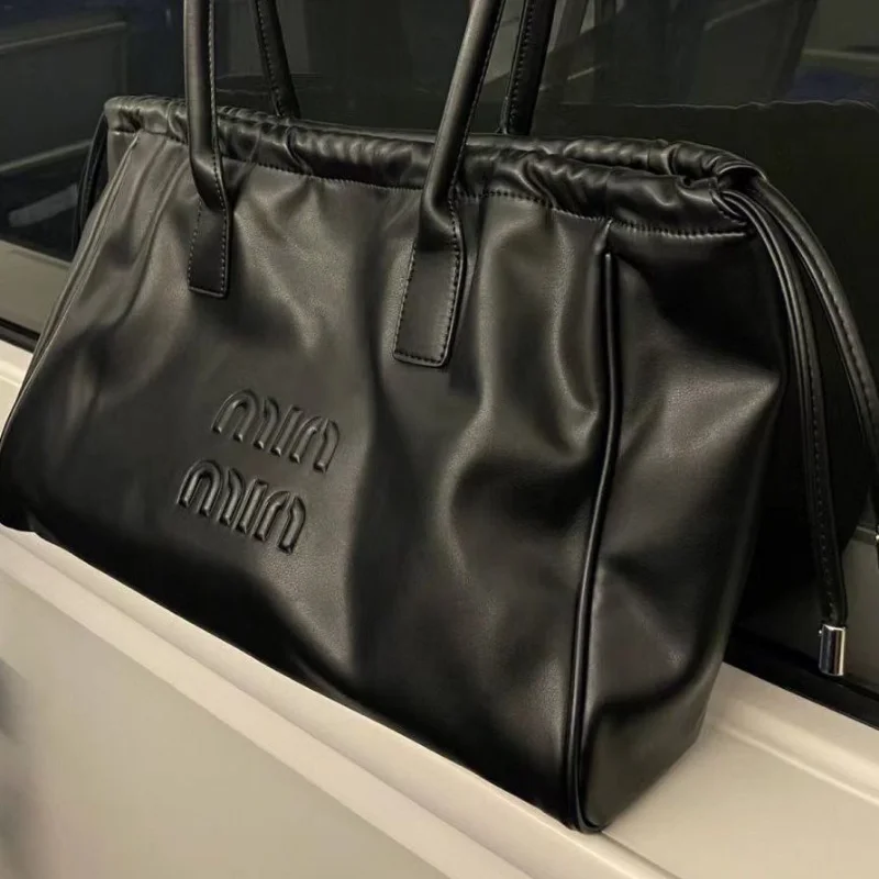 Vintage Women\'s Black Tote Bag Shopper Large Capacity Fashion Drawstring Handbags PU Waterproof Solid Shoulder Bags for Women