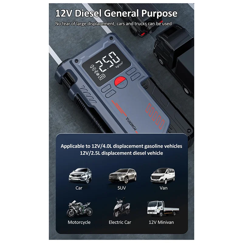 

Car Air Pump 14.8V Tire Inflator Car Emergency Power Jump 10000Mah Air Pump Battery Booster 4.0L Gas