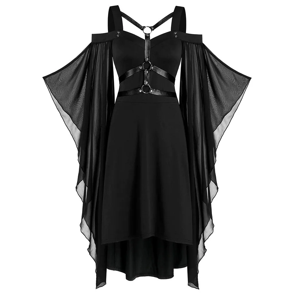 

Black Women Plus Size Cool Solid Gothic Lace Insert Butterfly Sleeve Dress Dark Halloween Vestido Novia Vintage Dresses Retro