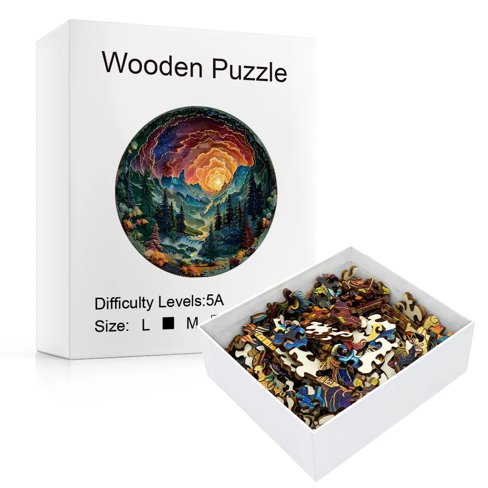 Sunset Forest Puzzle - Unikalne drewniane puzzle, odpowiednie na rodzinne wieczory gier, idealne na Boże Narodzenie, Halloween, prezenty urodzinowe