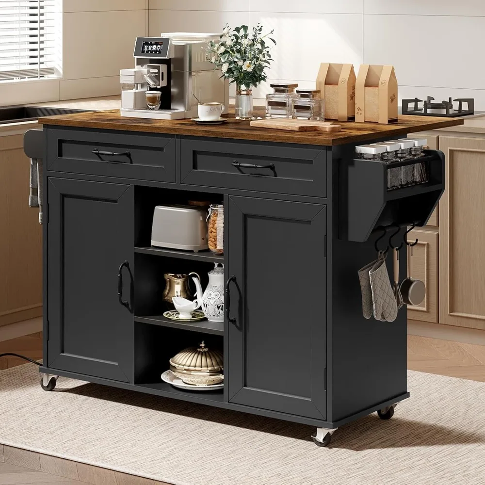 جزيرة المطبخ مع منافذ كهربائية وأوراق قطرة، عربة مطبخ مع مساحة تخزين، درج ورف توابل، رف برجي، طاولة جزيرة، أسود #2