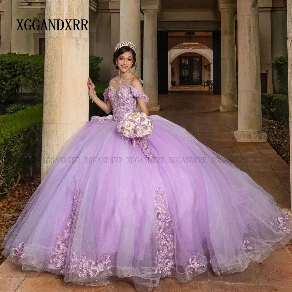 

Новое поступление, лавандовое платье Quinceanera 2024, бальное платье с 3D цветами, кружевной аппликацией и бисером, фиолетовое милое платье 16, Vestidos De 15 Años