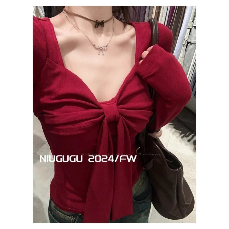 

Lace-up T-shirt for Women Pure Lust Sexy Hottie Waist-cinching Bottoming V-neck Long-sleeved Top