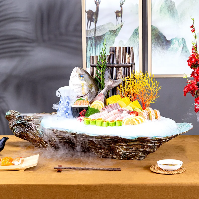 

‌ Тарілка для сашими с дымом сухого льда — профессиональный сервировочный набор для суши, морепродуктов и презентаций японской кухни