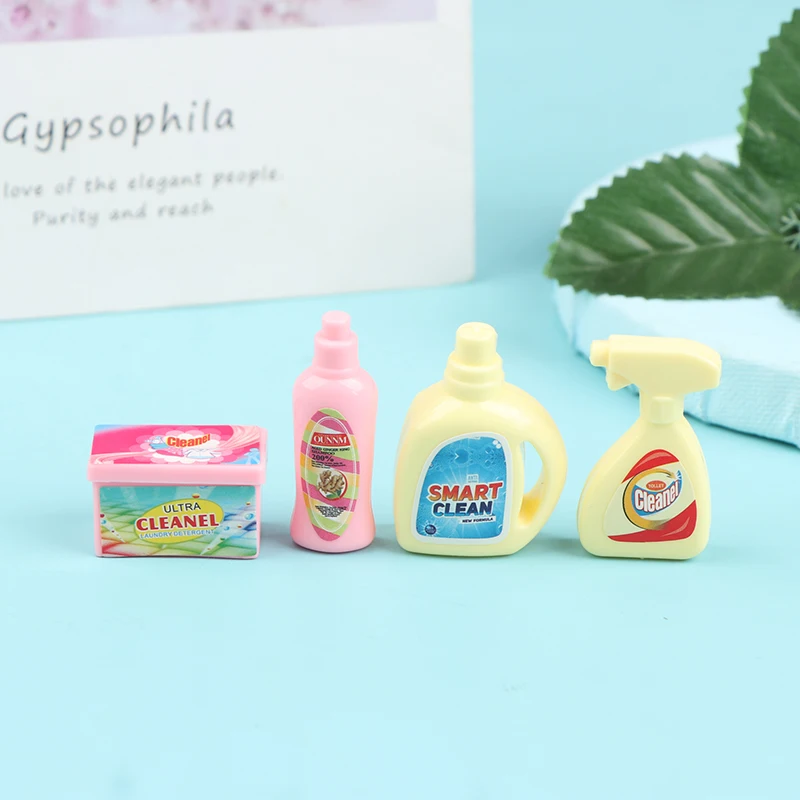 4Pcs/Set 1:12 Dollhouse Miniature Cleaning Set Laundry Detergent Soap Household Washing Kit Pretend Play Doll House Accessories