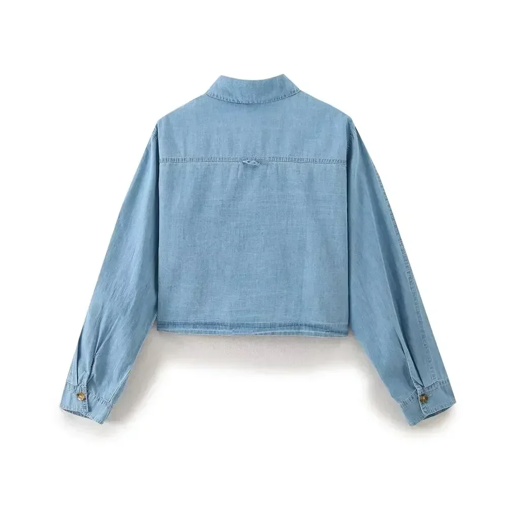 Women's new fashion flip decoration casual short Lapel denim shirt retro long sleeved button up women's shirt chic top