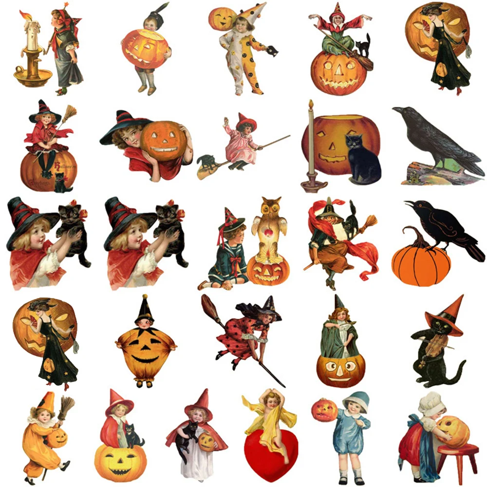 10/30/50pcs Vintage Kawaii Witch Halloween Stickers Pumpkin Cartoon Sticker Window Luggage Bike Laptop Toys Decals Decorative