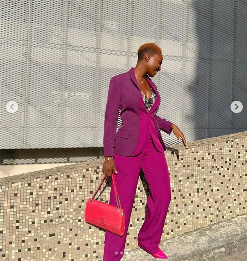 パープルピンクの女性スーツセット 2 ピースブレザー + パンツズボン綿スプライシングカラーカスタマイズオフィスレディジャケット結婚式のコート