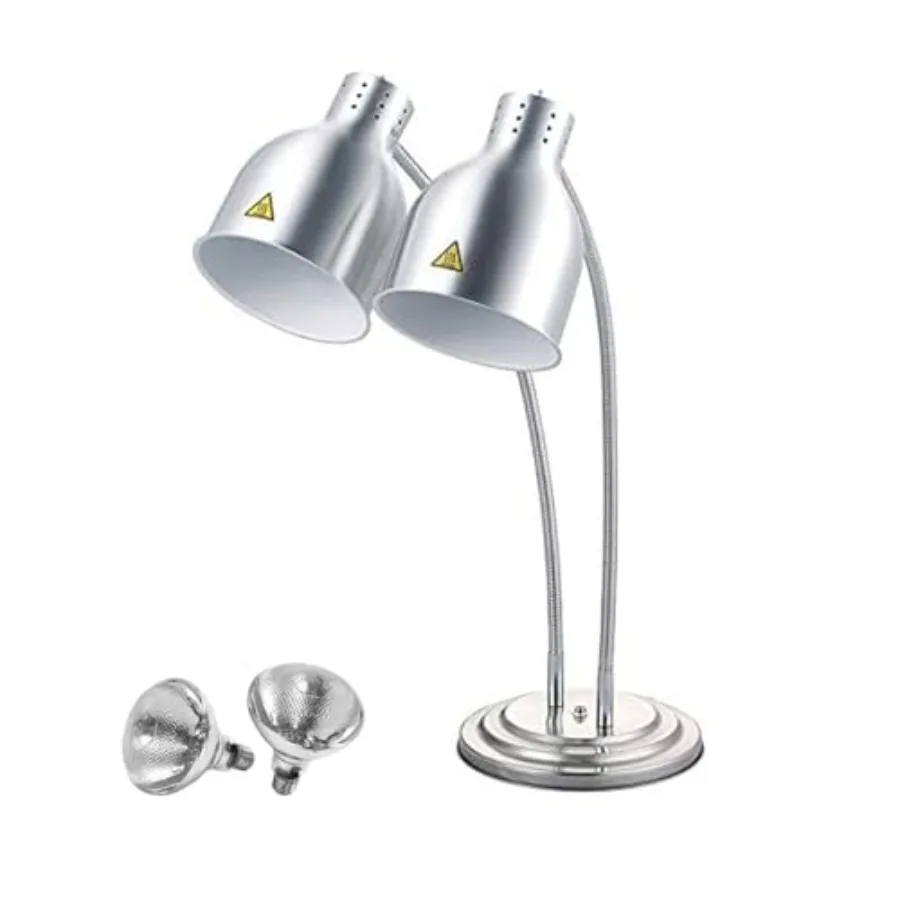 

Commercial food heat lamp with dual stainless steel bulbs, black finish, for restaurant carving stations and buffet warming