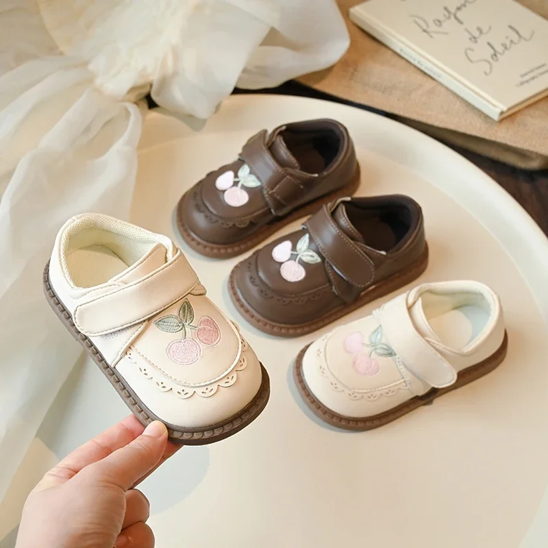 Girls Leather Shoes Embroidery Flower Decoration Buckle Lace Up Shoes Round Toe Soft Sole Casual Outdoor Mary Jane Kids Shoes