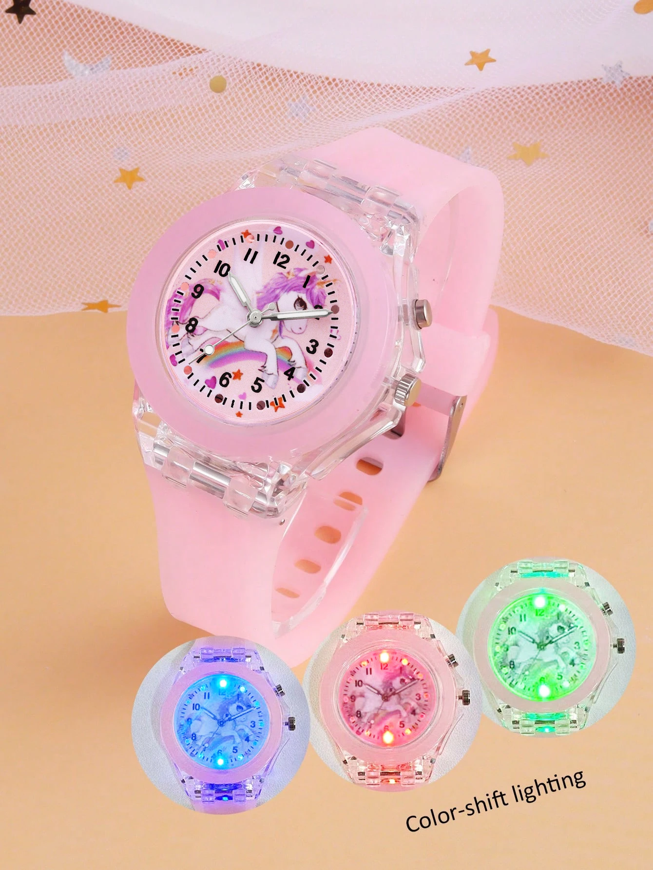 Modische Niedliche Kinder-Leuchtquarzuhr mit Pferdeanhänger-Armband im Einhorn-Design als Geschenk – Detail 14