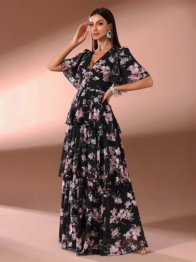 TOLEEN-Women Floral Print Long Maxi Dress, V-Neck Clothing, Ruffle Sleeve, Tiered Hem, Formal Party, Casual Elegant, Summer 2024