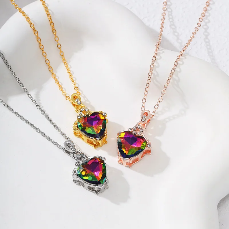 1Pcs Hot Selling Creativity Heart Pendant Diamond Necklace Women's Tourmaline Crystal Accessories Gift Fashionable Commuting