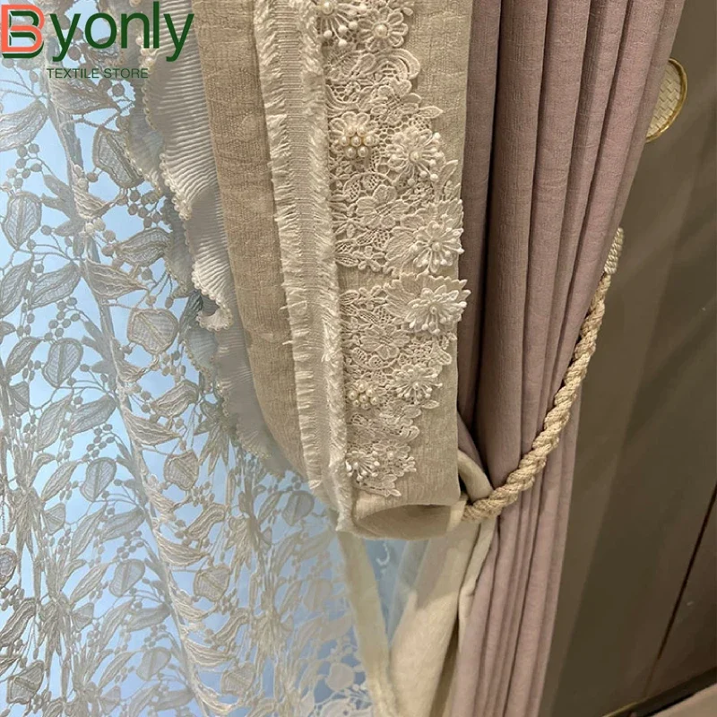 

French Purple Embossed Leaves Jacquard Chenille Lace Patchwork Curtains for Bedroom Living Room Balcony Decoration Customised