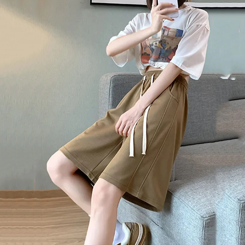 New Oversized Women's Sports Shorts Summer Casual High-Waisted Elastic Five Quarter Pants Fashion Female Loose Wide Leg Shorts