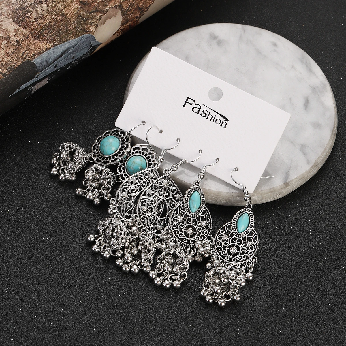 Juego de pendientes bohemios de Color plateado para mujer y niña, aretes colgantes geométricos de piedra azul Vintage, joyería Brincos de moda 2023