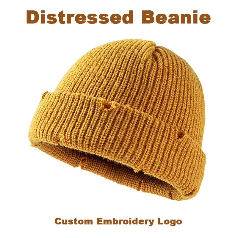 Beanie Cuffed Knit - Custom Embroidery Logo Short Distressed Cuffed