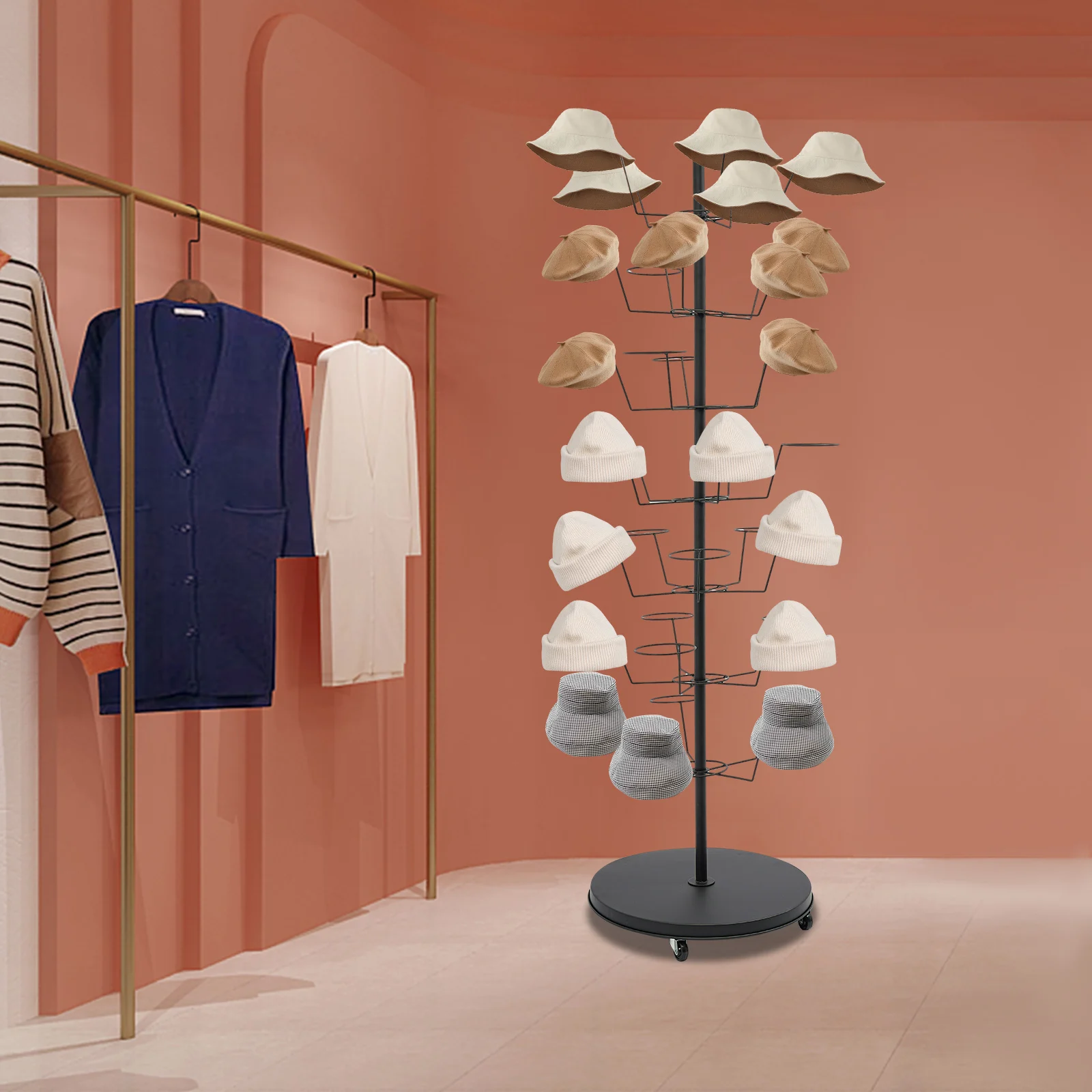 

White/Black 7-Tier Metal Hat Rack with Wheel 35 Hat Bracket Wig Scarve Clothing Store Shelf Moble Hat Display Stand