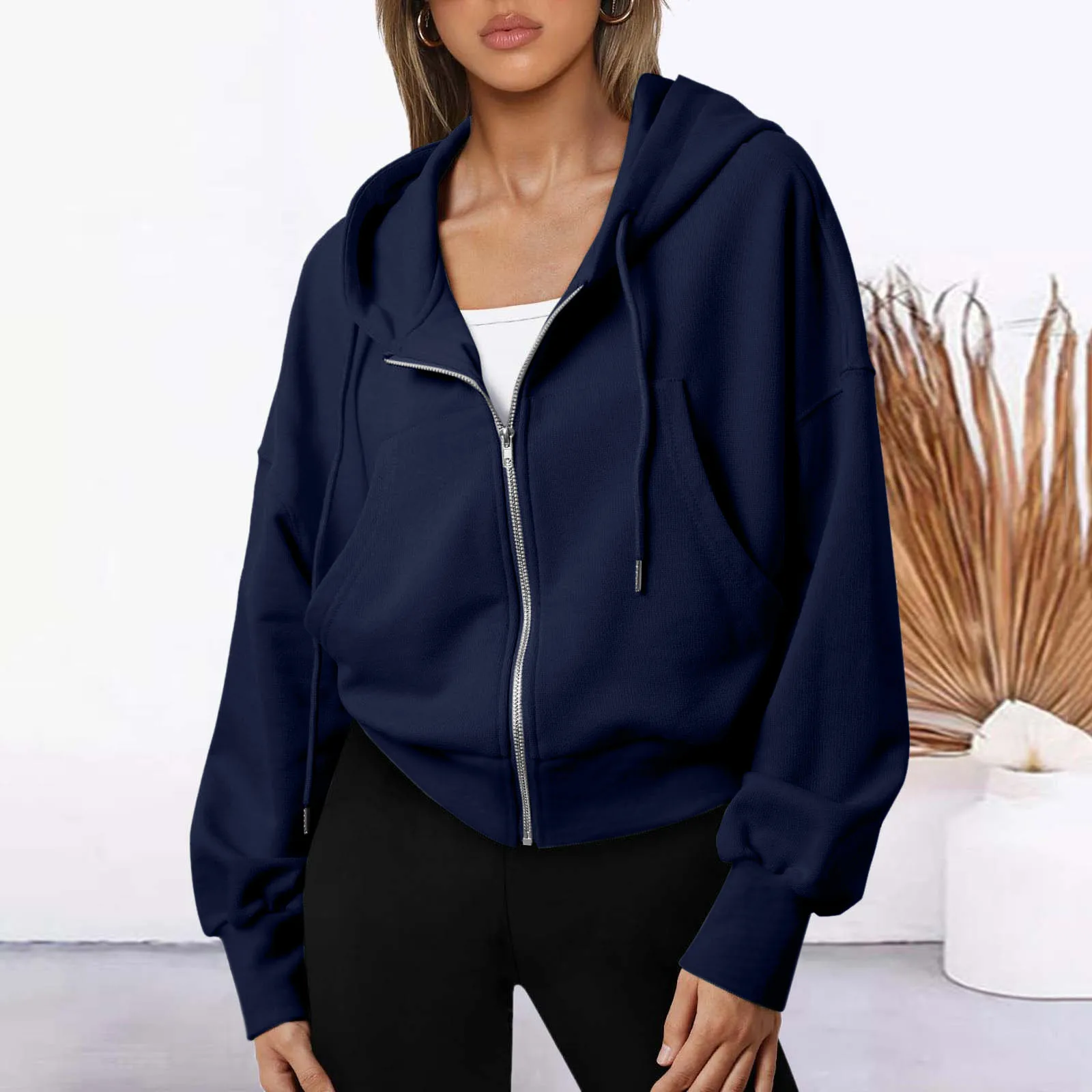 

Women'S Solid Color Hoodie Round Neck Long Sleeve Zipper Hoodie Simple Casual Fashion Coat Autumn And Winter All Match Tops