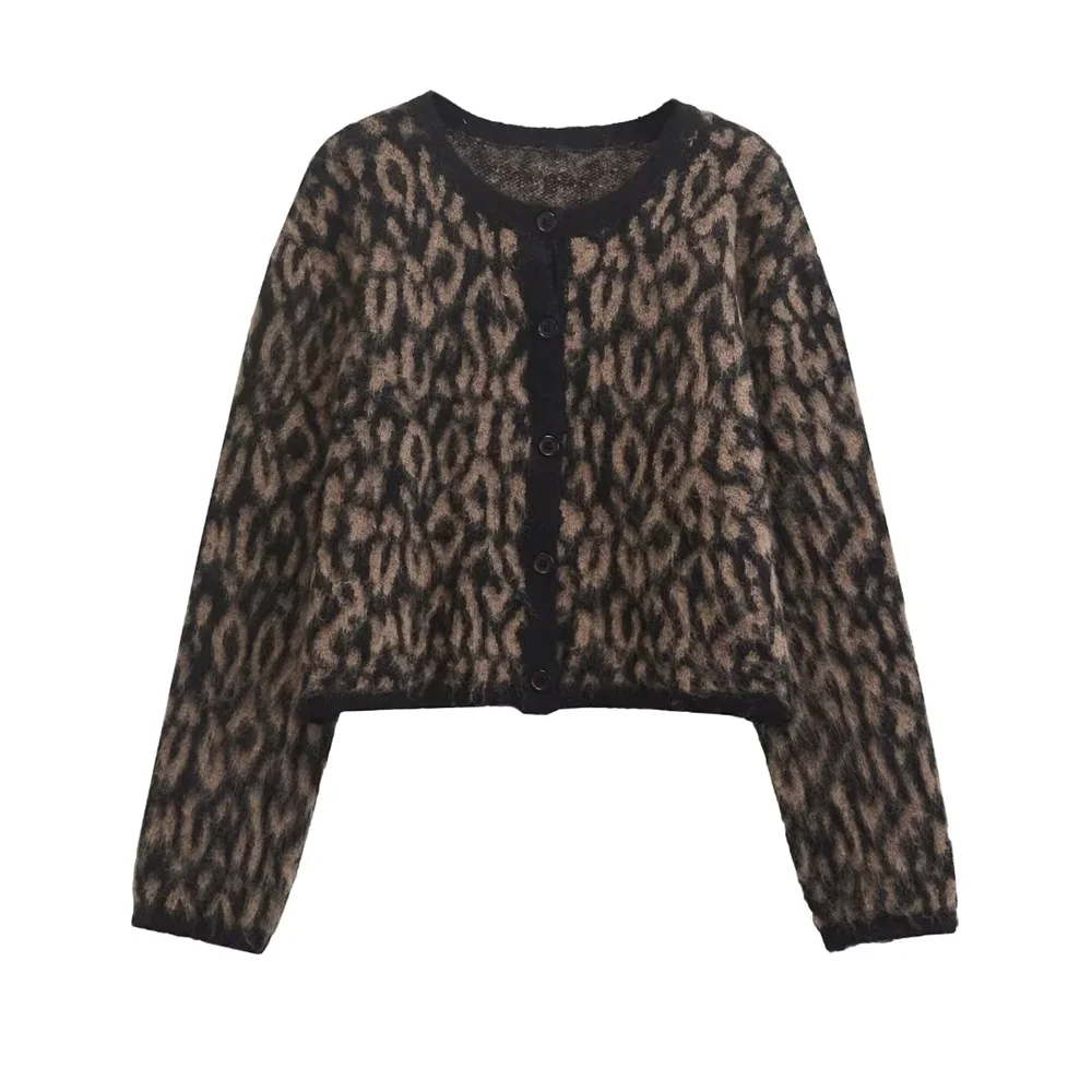 Kar&Otza 2024 Autumn/Winter New Product High End Round Neck Leopard Pattern Retro Soft Sticky Cardigan Short Coat