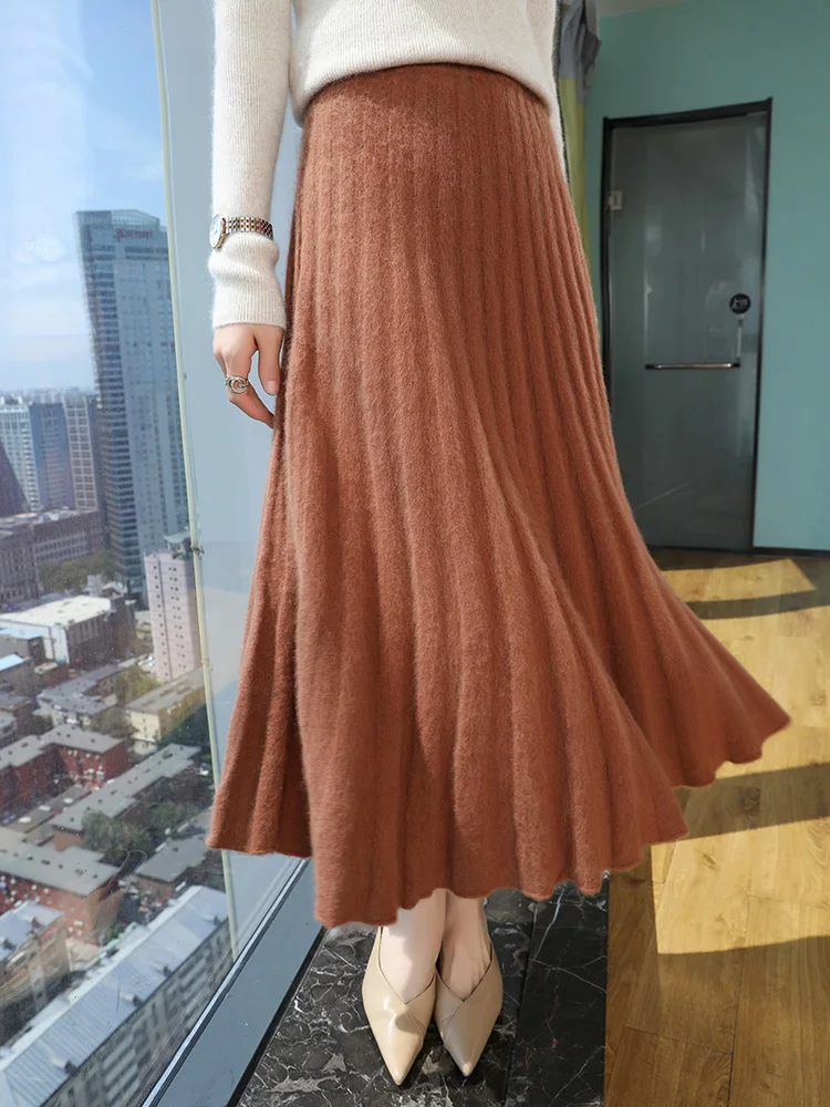 100% Pure Mink Cashmere Knit Half Skirt Women High Waist Swing Long Skirts Fashion Versatile A-Skirt High-End New Umbrella Skirt