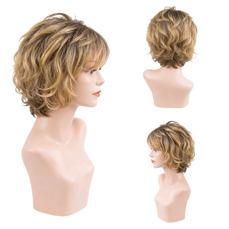 Fluffy Short Wavy Wig For African American Women Ombre Blonde Brown Layered Pixie Cut Heat Resistant Wig Glueless Daily Wear