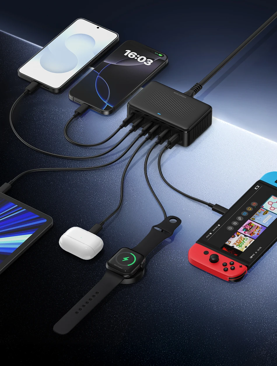 Rocoren USB-Ladegerät 100 W GaN-Ladegerät 6-Ports Desktop-Schnellladung Typ-C-Ladegerät Tragbares Kraftwerk für iPhone Xiaomi POCO – Detail 5