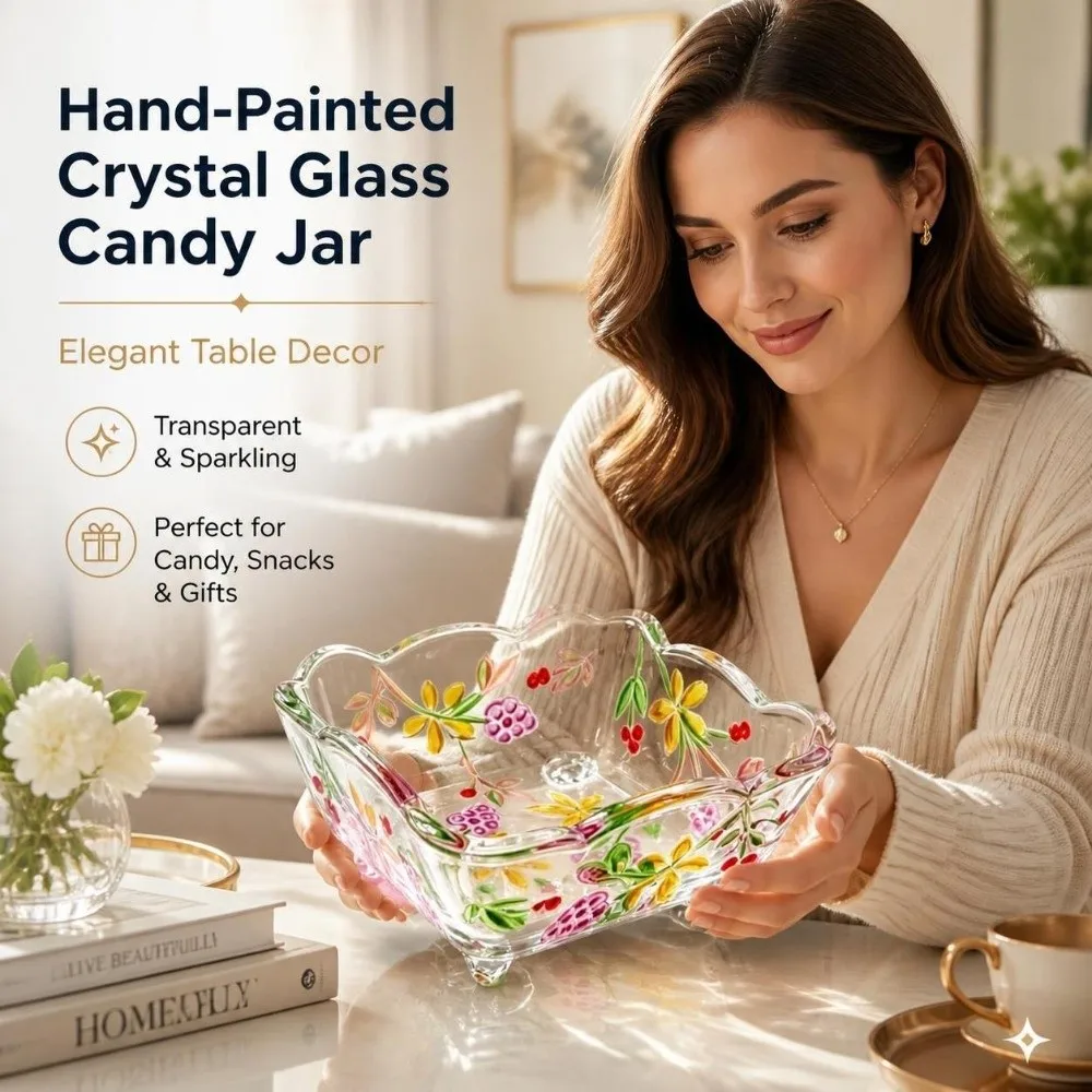 Clear Glass Floral Grape Bowl Painted Storage Box Glass Candy Bowl Square Desktop Organizer Glass Serving Dish Dining Room