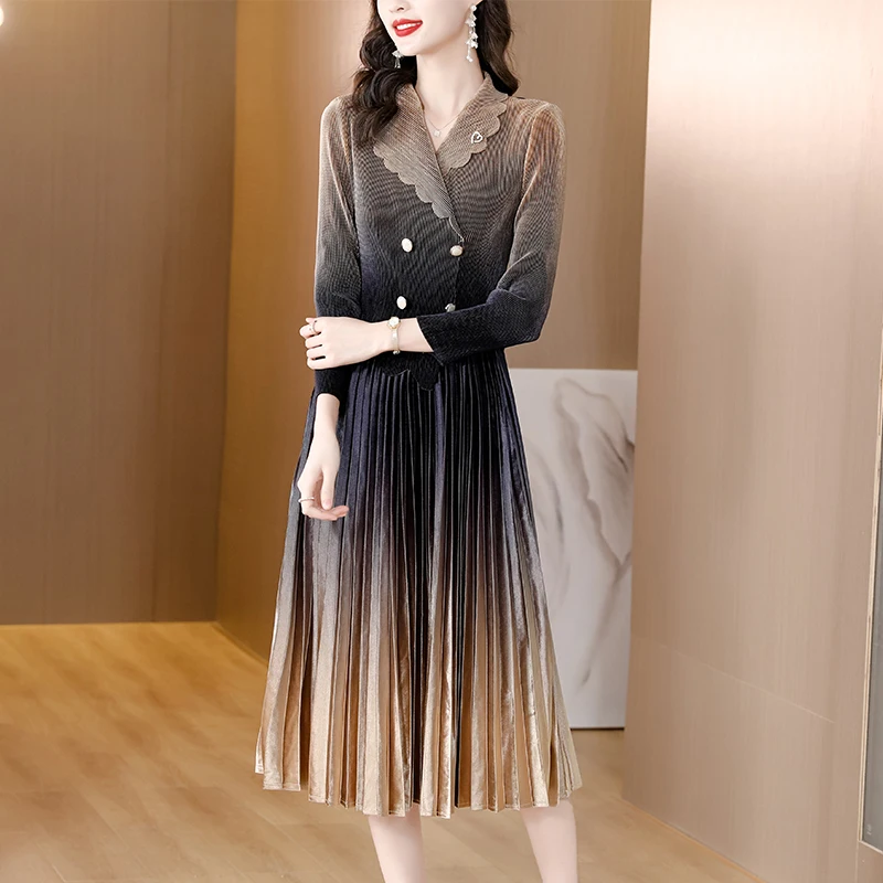 Miyake Pleated Magic Dress 2023 New Women's Silk Velvet Color Matching Loose Size Long Sleeve Dress Elastic Knee Length Robe