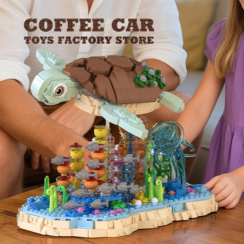 Kit di blocchi di costruzione della vita marina fai-da-te Tartaruga marina Figura MOC Mattoni Scena subacquea Modello Animale dell'oceano Decorazioni divertenti Regali di compleanno