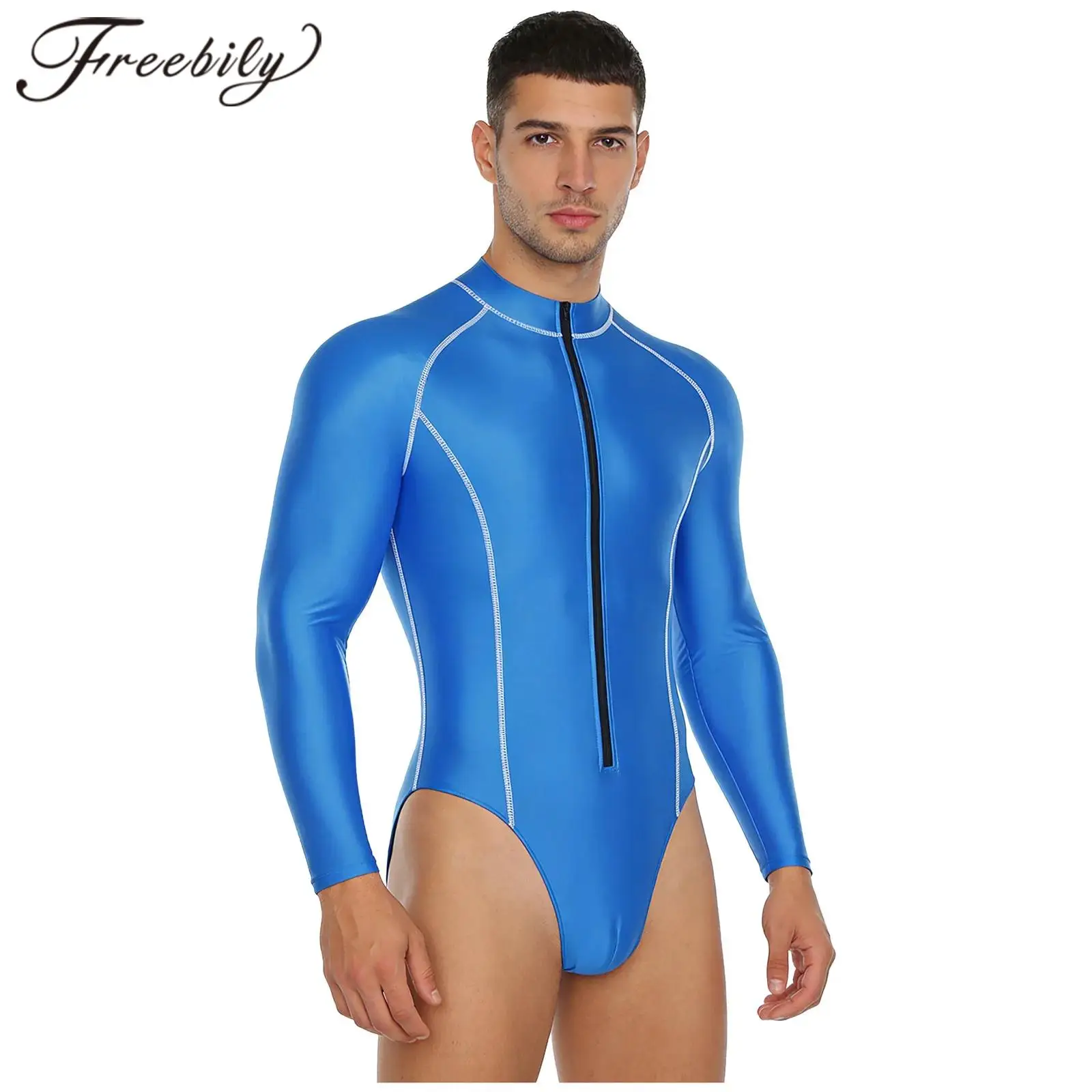 Mens Swimwear Glossy Bodysuit Beachwear Swimsuits Swimming Suits Zipper Leotard Jumpsuit for Beach Gymnastics Workout Leotard
