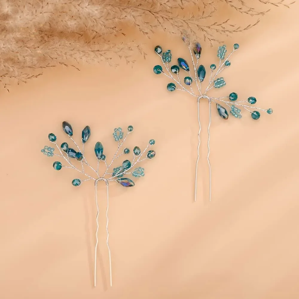 

Teyglen 2pcs Crystal Bride Wedding Hair Pins Blue Rhinestones Beads Hair Pins Set Bridal Hair Accessories Gold Silver Purple