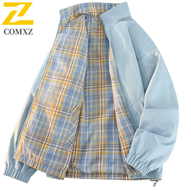 سترة COMXZ للرجال كاجوال بياقة واقفة للسفر في الهواء الطلق، معطف مريح، تصميم ممتاز مزدوج الجوانب، ملابس خريفية خفيفة الوزن